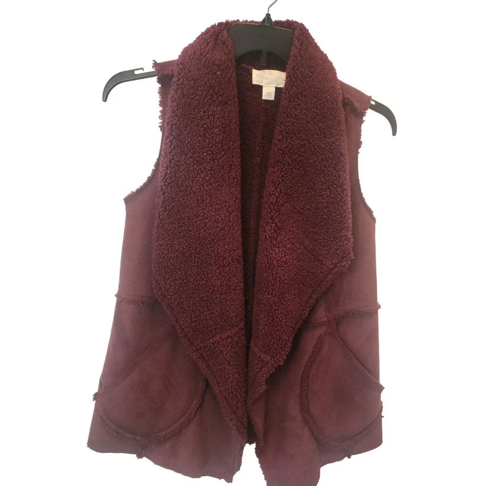 CAS LON Burgundy‎ Faux Suede Sherpa Lined Shawl Collar Vest Women's Size S